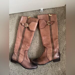 Brown Leather Knee-High Boots with Gold Buckles